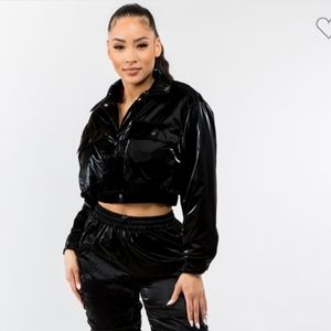 Quilted Padding Crop Shiny PU Jacket